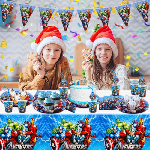 52 Pcs Party Tableware Set, Hero Party Supplies Set with Paper Plates Cups Napkins and Tablecloth , Hero Party Decorations, Kids Birthday Party Decorations