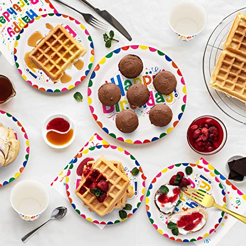 PARTY GO 100PCS Rainbow Happy Birthday Party Supplies Set Paper Plates Napkins Cups Rainbow Birthday Party Decorations for 25 Guests