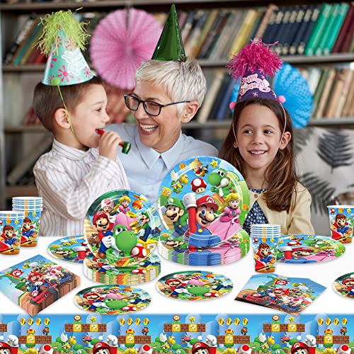 DreamJing Mario Birthday Party Supplies Tableware Set 20 Guests, Mario Party Plates Cups Napkins Tablecloth for Kids Boys Girls Birthday Party Decorations