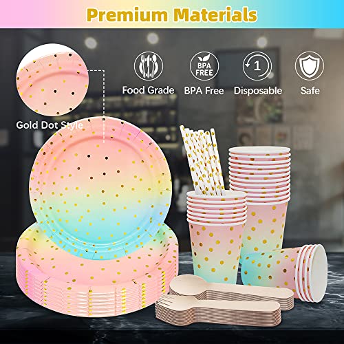 DN DENNOV Origin 144 Pieces Gold Polka Dot Party Plates with Paper Plates, Forks,Spoos,Napkins, 9 Ounce Cups, Birthday, Graduation (Blue&Pink&Gold)