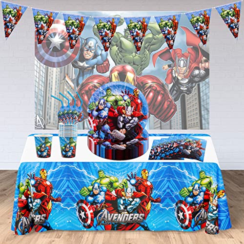 52 Pcs Party Tableware Set, Hero Party Supplies Set with Paper Plates Cups Napkins and Tablecloth , Hero Party Decorations, Kids Birthday Party Decorations