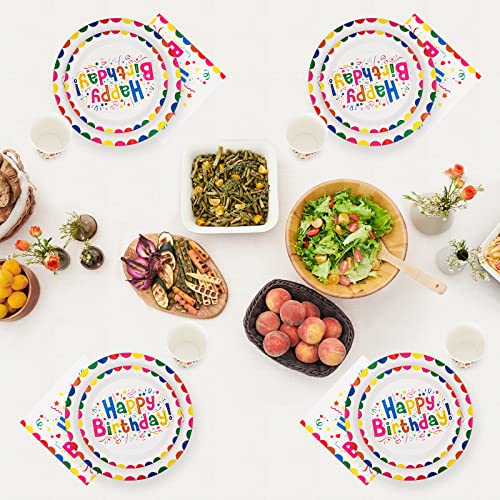 PARTY GO 100PCS Rainbow Happy Birthday Party Supplies Set Paper Plates Napkins Cups Rainbow Birthday Party Decorations for 25 Guests