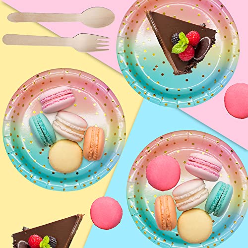 DN DENNOV Origin 144 Pieces Gold Polka Dot Party Plates with Paper Plates, Forks,Spoos,Napkins, 9 Ounce Cups, Birthday, Graduation (Blue&Pink&Gold)