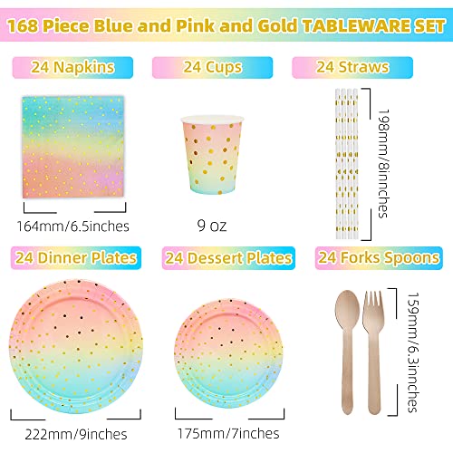 DN DENNOV Origin 144 Pieces Gold Polka Dot Party Plates with Paper Plates, Forks,Spoos,Napkins, 9 Ounce Cups, Birthday, Graduation (Blue&Pink&Gold)