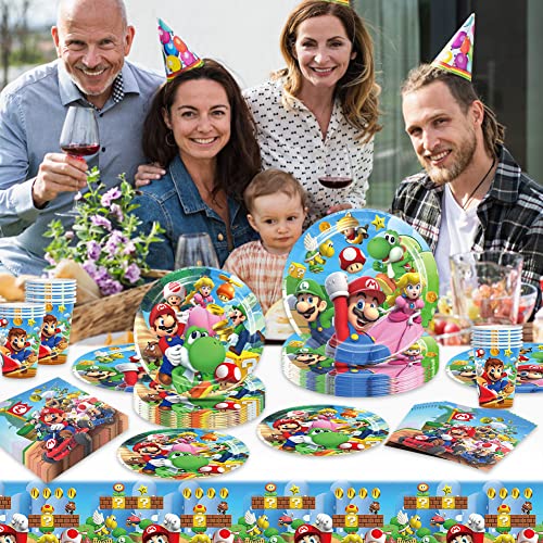 DreamJing Mario Birthday Party Supplies Tableware Set 20 Guests, Mario Party Plates Cups Napkins Tablecloth for Kids Boys Girls Birthday Party Decorations
