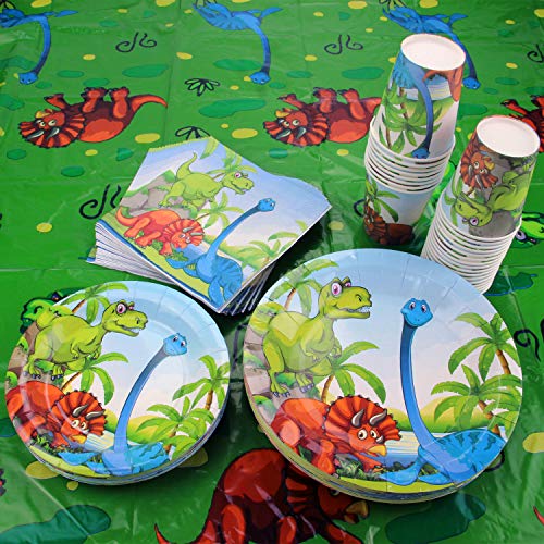 Kompanion Dinosaur Party Set - 102 Piece Party Supplies Kit with Banner, Plates, Cups, Napkins, Tablecloth - Serves 25, Perfect for Kids' Birthday Parties and Themed Celebrations