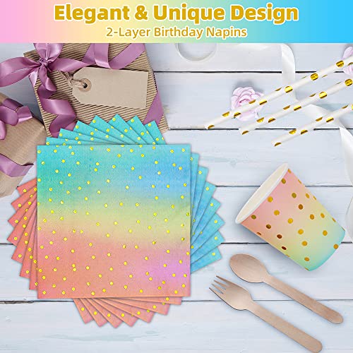 DN DENNOV Origin 144 Pieces Gold Polka Dot Party Plates with Paper Plates, Forks,Spoos,Napkins, 9 Ounce Cups, Birthday, Graduation (Blue&Pink&Gold)