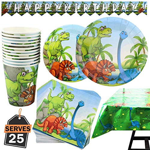 Kompanion Dinosaur Party Set - 102 Piece Party Supplies Kit with Banner, Plates, Cups, Napkins, Tablecloth - Serves 25, Perfect for Kids' Birthday Parties and Themed Celebrations