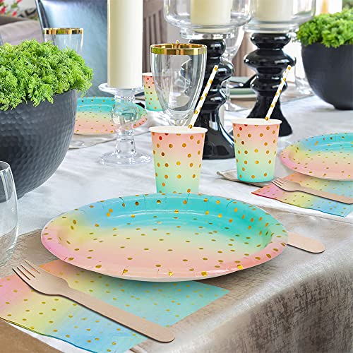 DN DENNOV Origin 144 Pieces Gold Polka Dot Party Plates with Paper Plates, Forks,Spoos,Napkins, 9 Ounce Cups, Birthday, Graduation (Blue&Pink&Gold)
