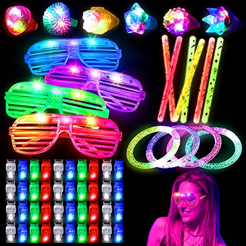 RuiAYI 60pcs LED Light Up Toys Party Favours Glow in the Dark Party Supplies for Kid/Adults Halloween with 40 Finger Lights, 6 Jelly Rings,4 Flashing Glasses, 4 Glow Sticks Bracelets.....