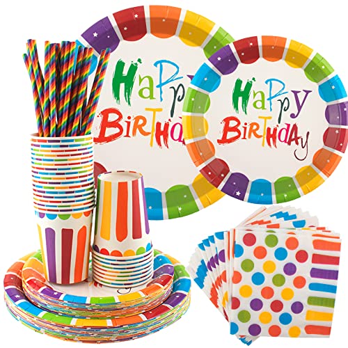 INUAN 125Pcs Rainbow Birthday Party Tableware Set, Party Paper Plates Cups Napkins Straws Rainbow Birthday Party Supplies Decorations for 25 Guests Kids Birthday Party