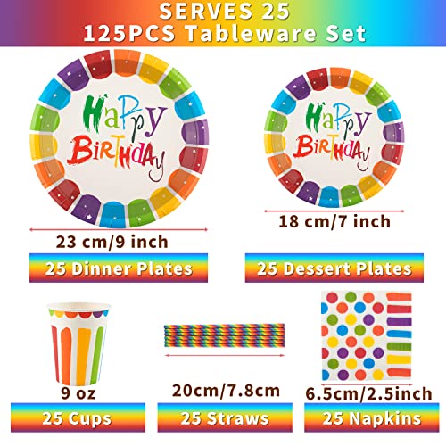 INUAN 125Pcs Rainbow Birthday Party Tableware Set, Party Paper Plates Cups Napkins Straws Rainbow Birthday Party Supplies Decorations for 25 Guests Kids Birthday Party