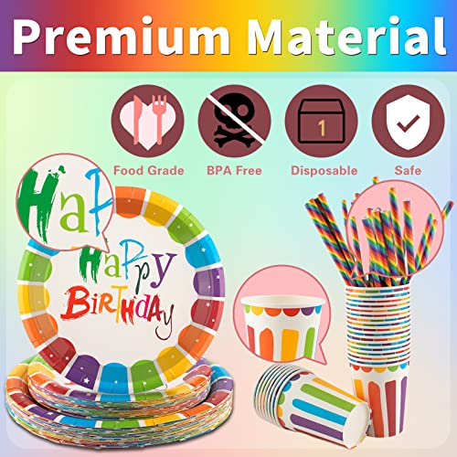 INUAN 125Pcs Rainbow Birthday Party Tableware Set, Party Paper Plates Cups Napkins Straws Rainbow Birthday Party Supplies Decorations for 25 Guests Kids Birthday Party