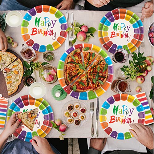 INUAN 125Pcs Rainbow Birthday Party Tableware Set, Party Paper Plates Cups Napkins Straws Rainbow Birthday Party Supplies Decorations for 25 Guests Kids Birthday Party