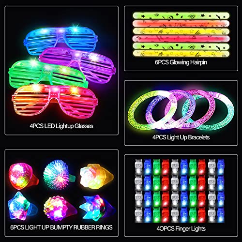 RuiAYI 60pcs LED Light Up Toys Party Favours Glow in the Dark Party Supplies for Kid/Adults Halloween with 40 Finger Lights, 6 Jelly Rings,4 Flashing Glasses, 4 Glow Sticks Bracelets.....