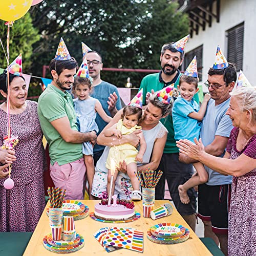 INUAN 125Pcs Rainbow Birthday Party Tableware Set, Party Paper Plates Cups Napkins Straws Rainbow Birthday Party Supplies Decorations for 25 Guests Kids Birthday Party