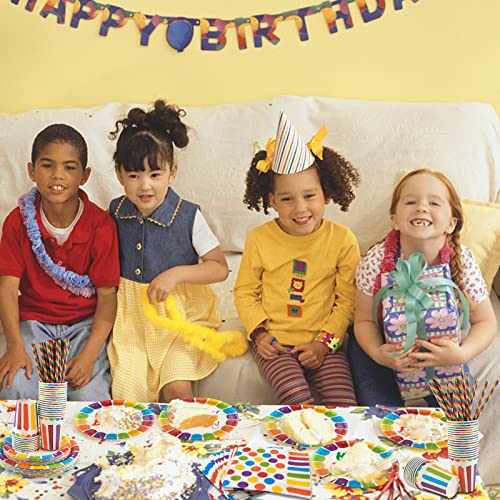 INUAN 125Pcs Rainbow Birthday Party Tableware Set, Party Paper Plates Cups Napkins Straws Rainbow Birthday Party Supplies Decorations for 25 Guests Kids Birthday Party