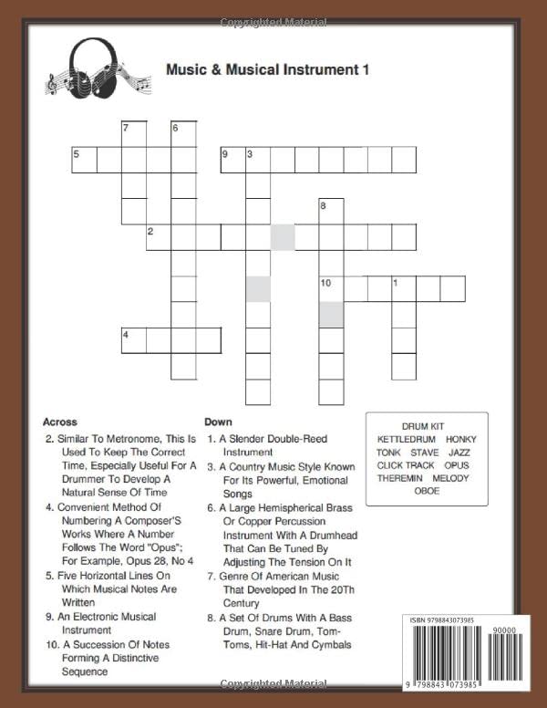 Music Vocabulary Crossword Puzzle Book Musician Dictionary Composer Singer Musical Instrument Player. Funny Unique Activity for Adult or Kid. Novelty ... Brain Teasers Game to Improve Spelling