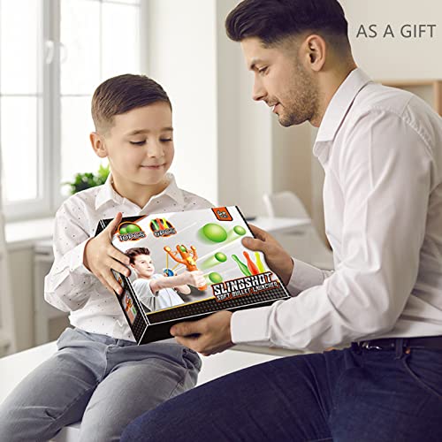 Okima Dinosaur Shooting Toy for Kids, Catapult Game with 10 Soft Foam Balls & 6 Bowling Toys,Novelty Shooting Slingshots Toys for Party, Camping and Outdoor,469-1