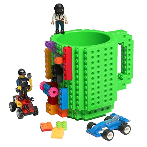 Build-on Brick Coffee Mug, Funny DIY Novelty Cup with Building Blocks Creative Gift for Kids Men Women Xmas Birthday (Green)