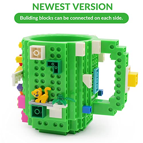 Build-on Brick Coffee Mug, Funny DIY Novelty Cup with Building Blocks Creative Gift for Kids Men Women Xmas Birthday (Green)
