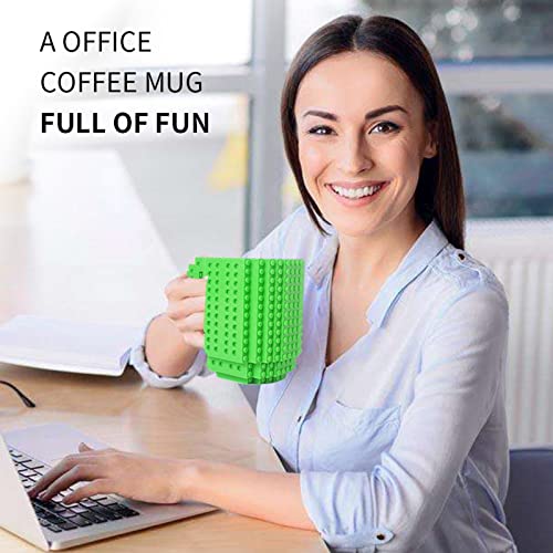 Build-on Brick Coffee Mug, Funny DIY Novelty Cup with Building Blocks Creative Gift for Kids Men Women Xmas Birthday (Green)