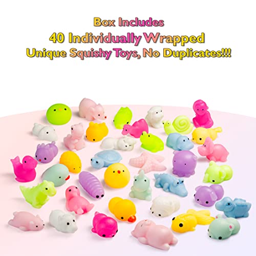 Mini Animal Squishy Pack - 40 Pieces Random Mochi Squishies Party Favor Fidget Toys for Kids - Cute and Soft Squeezable Stress Reliever for Children -party bag toys- party bag fillers for kids