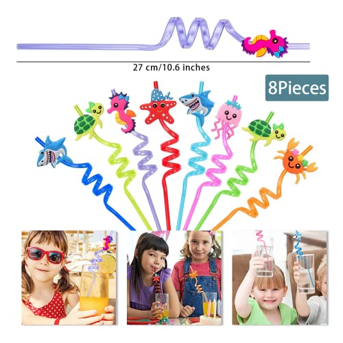 Reusable Drinking Straws Party Straws，Curly Hard Plastic Straws，Kids Novelty Birthday Party Decorations Cartoon Straws Supplies Family Reunion Party Favors - Pack of 8
