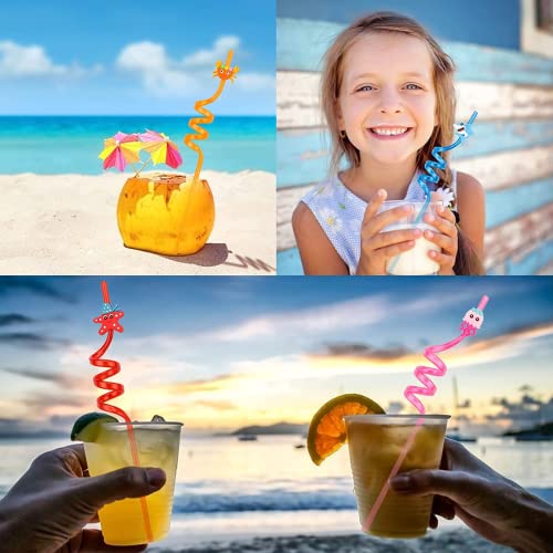 Reusable Drinking Straws Party Straws，Curly Hard Plastic Straws，Kids Novelty Birthday Party Decorations Cartoon Straws Supplies Family Reunion Party Favors - Pack of 8