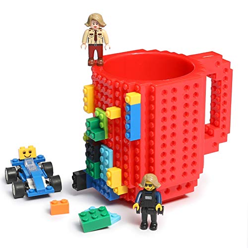 Lumsburry Build-on Brick Coffee Mug, Funny DIY Novelty Cup with Building Blocks Creative Gift for Kids Men Women Xmas Birthday (Red)
