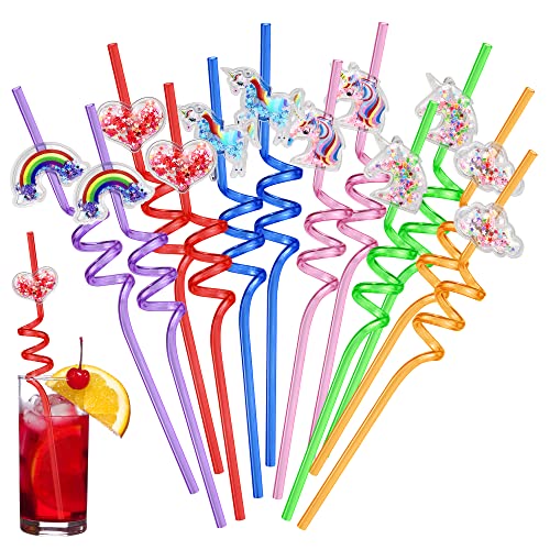 12 Pack Reusable Drinking Straws Novelty Unicorn Party Straws,Hard Plastic Straws Colourful Curly Straws Quicksand Cartoon Unicorn Rainbow Cloud Straw for Kids Birthday Baby Shower Family Reunion
