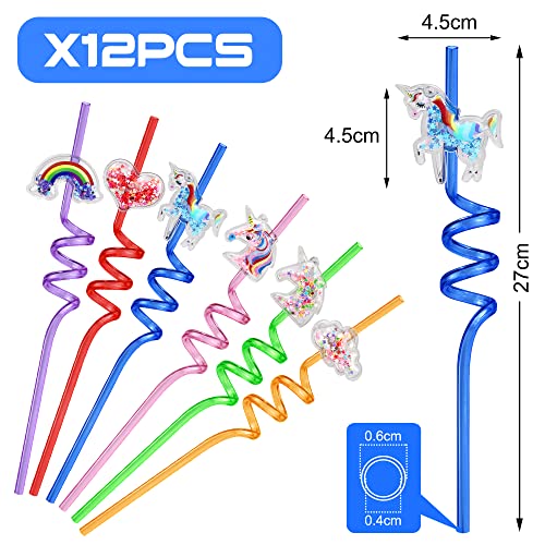 12 Pack Reusable Drinking Straws Novelty Unicorn Party Straws,Hard Plastic Straws Colourful Curly Straws Quicksand Cartoon Unicorn Rainbow Cloud Straw for Kids Birthday Baby Shower Family Reunion