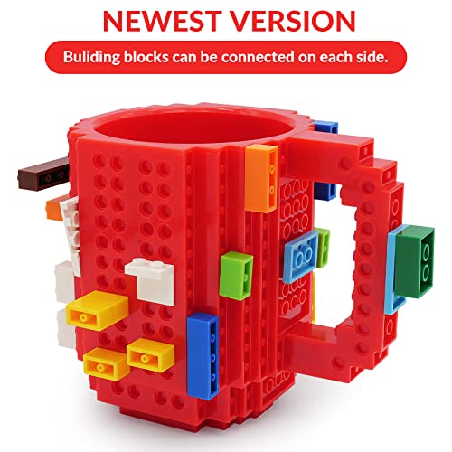 Lumsburry Build-on Brick Coffee Mug, Funny DIY Novelty Cup with Building Blocks Creative Gift for Kids Men Women Xmas Birthday (Red)