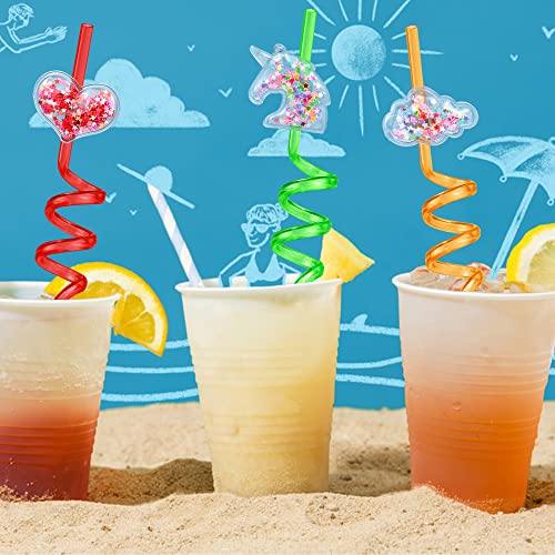 12 Pack Reusable Drinking Straws Novelty Unicorn Party Straws,Hard Plastic Straws Colourful Curly Straws Quicksand Cartoon Unicorn Rainbow Cloud Straw for Kids Birthday Baby Shower Family Reunion