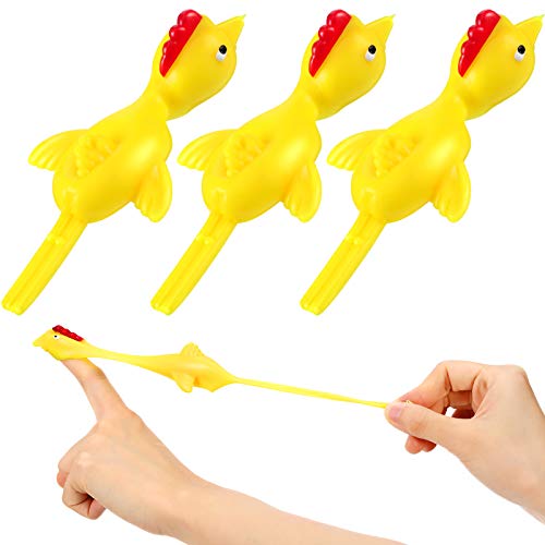SKYLETY 3 Pieces Slingshot Chicken Stretchy Flying Chickens Flick Toy Rubber Chicken Toy Novelty Catapult Chicken Funny Finger Stretchable Chicken for Office Pranks Toys Party Favors Yellow