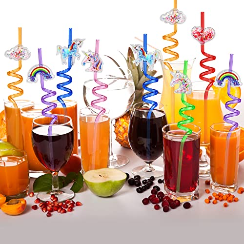 12 Pack Reusable Drinking Straws Novelty Unicorn Party Straws,Hard Plastic Straws Colourful Curly Straws Quicksand Cartoon Unicorn Rainbow Cloud Straw for Kids Birthday Baby Shower Family Reunion