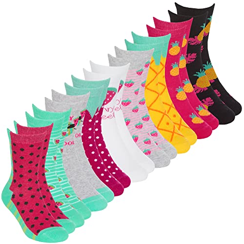 Metzuyan Kids Girls Cotton Rich Novelty Socks Crew Socks Fruity Funky Socks Watermelon Pinapple Strawberry 9-12