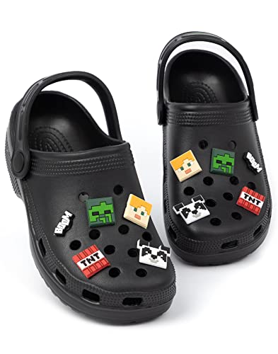 Minecraft Classic Clogs Sandals Kids | Boys Girls Game Characters Weapons Novelty Charms Sliders | Supportive Strap Ventilated Summer Beach Pool Footwear Black