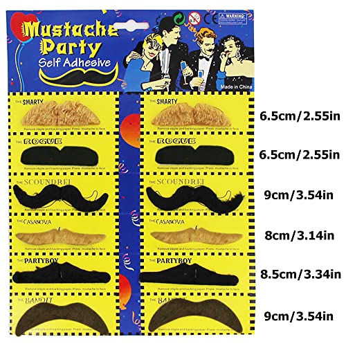 IRYNA Fake Moustache 12 Pack Black False Moustache Moustache Fancy Dress Stick On Moustache Pack Adults Novelty Joke False Moustache for Adults Kids Masquerade Party Favor Costume and Performance