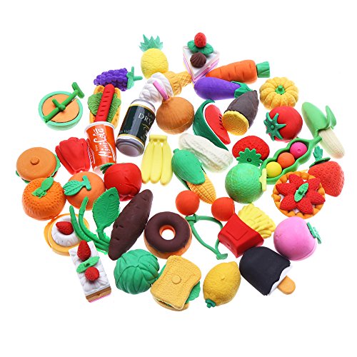 LOKIPA 40 Novelty Food Pencil Rubber Erasers Party Fruit Vegetable Erasers for Kid Party Bag Filler