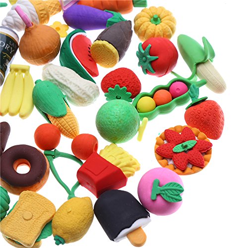 LOKIPA 40 Novelty Food Pencil Rubber Erasers Party Fruit Vegetable Erasers for Kid Party Bag Filler
