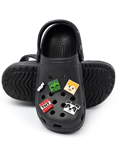 Minecraft Classic Clogs Sandals Kids | Boys Girls Game Characters Weapons Novelty Charms Sliders | Supportive Strap Ventilated Summer Beach Pool Footwear Black