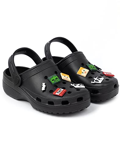 Minecraft Classic Clogs Sandals Kids | Boys Girls Game Characters Weapons Novelty Charms Sliders | Supportive Strap Ventilated Summer Beach Pool Footwear Black