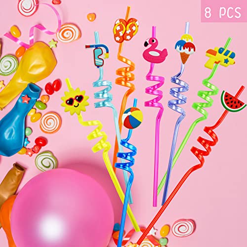 Ynaice 8 Pieces Reusable Drinking Straws Plastic Novelty Straws Beach Pool Curly Straws Summer Party Straws for Adults Kids Birthday Party Favors Decorations Pool Party Supplies
