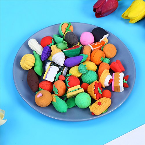 LOKIPA 40 Novelty Food Pencil Rubber Erasers Party Fruit Vegetable Erasers for Kid Party Bag Filler