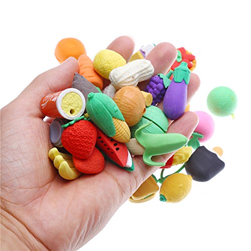 LOKIPA 40 Novelty Food Pencil Rubber Erasers Party Fruit Vegetable Erasers for Kid Party Bag Filler