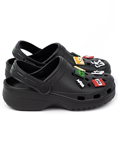 Minecraft Classic Clogs Sandals Kids | Boys Girls Game Characters Weapons Novelty Charms Sliders | Supportive Strap Ventilated Summer Beach Pool Footwear Black