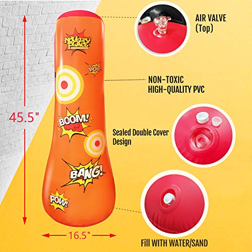 Novelty Place KID'S Inflatable Punching Bag - Kids Boxing Bag 4 Feet Tall Free Standing Buddy - Hit & Bounce Back Air Bop Toy Fun for All Ages Boys Girls Kids Fitness & Stress Relief