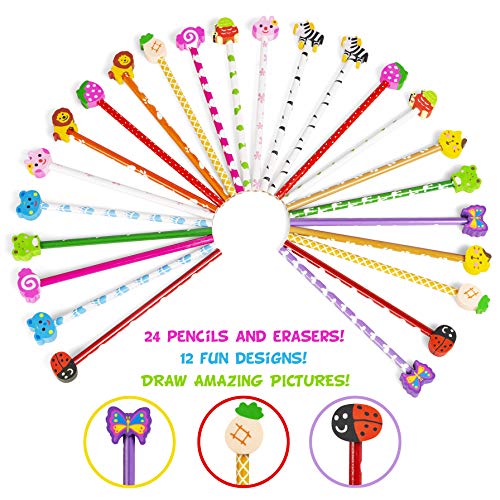 abeec 24 Funky Pencils with Eraser Toppers - 24 Pencils with Rubbers Set - 12 Different Designs with 2 of Each - Drawing Pencils for Kids 6+ - Party Bag Fillers