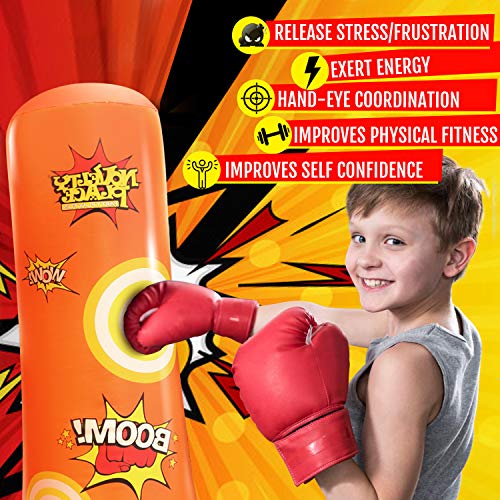 Novelty Place KID'S Inflatable Punching Bag - Kids Boxing Bag 4 Feet Tall Free Standing Buddy - Hit & Bounce Back Air Bop Toy Fun for All Ages Boys Girls Kids Fitness & Stress Relief